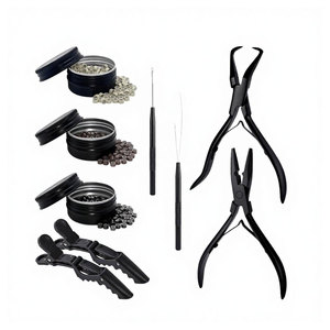 Kit professionnel de pose d'extensions capillaires noires pour salon : Anneaux de couleur en acier inoxydable, Perles, Ouvre-fermeur, Pince, Aiguille à boucle, Crochet - Product Image 2