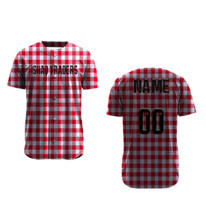 Camiseta de Béisbol Unisex Ishaq Traders, Diseño a Cuadros Rojos, Impresión por Sublimación, Transpirable, 100% Poliéster, Fusión sin Costuras, Uniforme para Adultos - Product Image 1