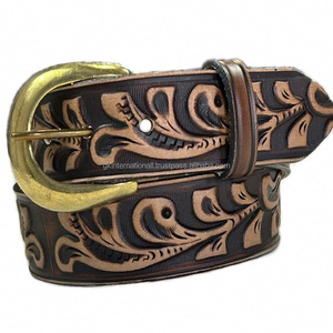 Genuine Saddle western <b>leather</b> <b>tooling</b> <b>belt</b> with traditional leaf embossed and removable brass buckle <b>tooled</b> <b>leather</b> <b>belt</b> - Product Image 4