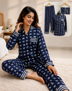 Artisan Elephant Print Crepe Silk Night Suit Women Long Pajama Set Traditional Hand Block Masterpiece Sleepwear Loungewear Set - Product Image 6