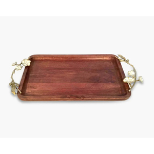 Plateau de service en bois naturel massif au design vintage, best-seller pour la cuisine, avec poignées en métal florales, plateau de service pour aliments - Product Image 4