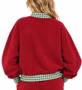 Sweat-shirt à col montant marron personnalisé pour femme, avec bordure en vichy rouge, broderie de décembre, manches longues, vêtements d'hiver - Product Image 3