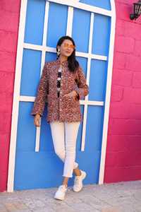 Chaqueta de algodón con estampado floral y cuello mandarín, pantalones blancos holgados de manga larga, conjunto informal de primavera para mujer - Product Image 2