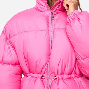 Women's Pink Quilted Jacket Full Sleeve Stand Collar Zipper Closure Logo Front <b>Winter</b> <b>Coat</b> <b>Thick</b> Polyester Wadding - Product Image 4