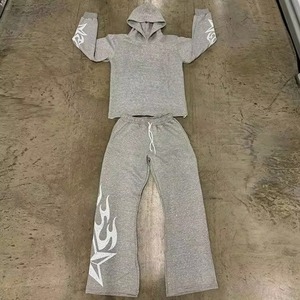 Gray Hooded Tracksuit Set Full Sleeve <b>Sweatshirt</b> Jogger Pants Solid Color Casual Sportswear Breathable Cotton Two Piece Suit - Product Image 1