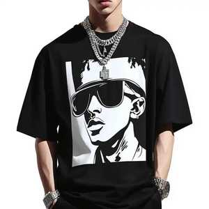 T-shirt noir surdimensionné pour homme avec imprimé visage blanc, style streetwear, manches courtes, col rond, jersey de coton, coupe ajustée, 100% coton, tissu doux. - Product Image 3