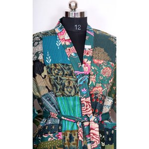 Kimono Kantha hecho a mano con parches de seda, estilo japonés, ropa de playa, estilo bohemio, de invierno, multicolor, con cinturón. - Product Image 4