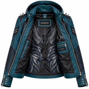 Chaqueta de cuero genuino para mujer, color verde azulado y negro, con capucha, estilo motero, estampado personalizado Celestial Valkyrie, mangas con textura ondulada y detalles de púas. - Product Image 5