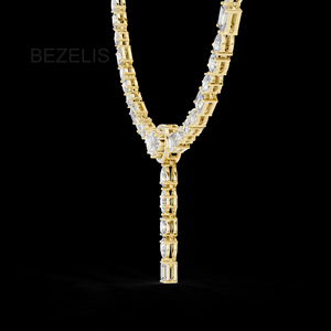 Collar llamativo con diamantes cultivados en laboratorio de corte mixto radiante, cadena de eslabones geométricos y colgante en cascada, con acabado en oro amarillo. - Product Image 3