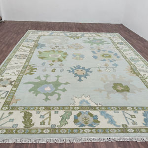 Alfombra de Estilo Oushak Floral Vintage Anudada a Mano a Bajo Precio |   Alfombra Decorativa Hecha a Mano de Lana Verde Azul Pastel para Sala de Estar - Product Image 1