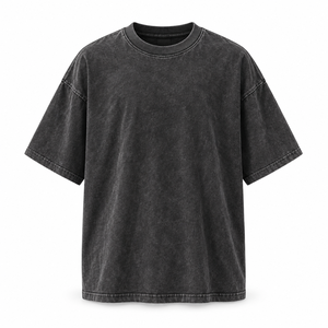 เสื้อยืดแขนสั้นสีดำทรงโอเวอร์ไซส์สำหรับผู้ชาย ผ้าฝ้าย 100% ล้างสีแบบแอซิด สไตล์ลำลอง สตรีทแวร์ คอกลม ไม่มีลาย เป็นมิตรต่อสิ่งแวดล้อม - Product Image 1