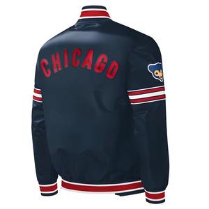 Veste en satin personnalisée en gros avec fond sublimé, lettrage brodé et écussons – Veste universitaire style Chicago Streetwear - Product Image 3