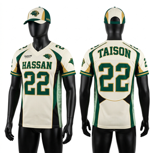 Camiseta de fútbol americano para hombre de malla de poliéster y spandex premium de 220 GSM, beige, granate, verde, con paneles en los hombros y detalles en twill termoadhesivos. - Product Image 3