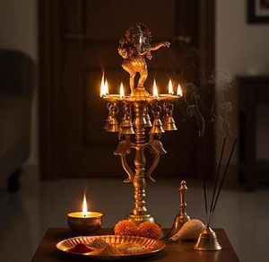 Vedela Naturals Brass Handmade Hanging Peacock Diya Bells Chain Traditional Oil Lamp Decorative <b>Candle</b> Holder India for Home - Product Image 1
