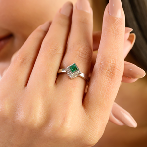 Premium 925 Sterling Silver Princess Cut Authentic Emerald & Diamond Minimalist <b>Statement</b> <b>Ring</b> for Women Party Wear Accessories - Product Image 2