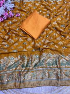 Designer Real Mirror Work With Piping Marshmallow <b>Brasso</b> Saree Paired With Banglori Unstitched Blouse Piece - Product Image 2