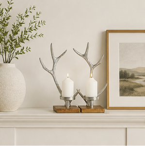 Luxury Handmade Aluminum Antler Pillar Candle Holder Set With Mango Wood Base Modern Rustic <b>Silver</b> Metal <b>Candlestick</b> Stand - Product Image 3