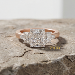 Luxury Radiant Cut Lab Grown Diamond Three Stone Engagement Wedding <b>Ring</b> with Baguette Side Diamonds in 925 <b>Silver</b> - Product Image 2