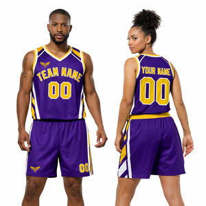Ensemble d'uniformes de basket-ball personnalisés violet et jaune pour hommes et femmes, maillot sans manches en mesh et short, kit d'équipe avec nom et numéro personnalisés - Product Image 1