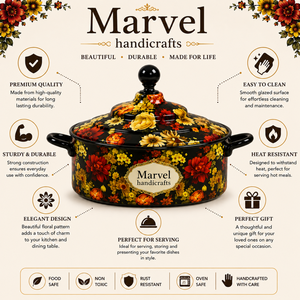 Casserole en émail noir à motifs floraux Marvel Handicrafts avec couvercle, pot de service haut de gamme avec poignées latérales, vaisselle décorative pour la cuisine et la table - Product Image 5