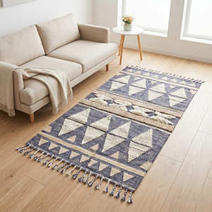 Bohemian Cotton Runner Rug with Neutral Geometric Pattern and Tassels for Hallway, Entryway & Farmhouse Interiors - Product Image 4