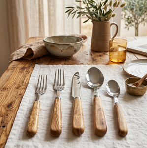 Juego de Cubiertos de Acero Inoxidable con Mango de Madera de Lujo, Acabado Pulido Espejo, Ecológico, Juego de Vajilla de 5 Piezas, Utensilios de Cocina de Alta Gama - Product Image 1