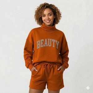 Ensemble court d'hiver doux et premium pour femme, col montant, tenue thermique deux pièces, confortable et décontractée pour la saison froide - Product Image 1
