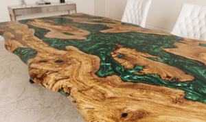 Table à manger rectangulaire moderne en résine avec bord naturel, design grain de bois vert et or, faite à la main, mobilier contemporain pour la maison, 6 places - Product Image 4