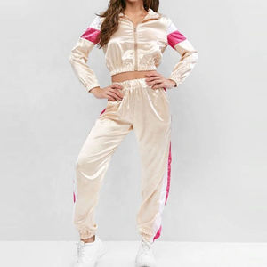 Custom <b>Zipper</b> Cropped <b>Jacket</b> & Pant Windbreak Sets Two Piece Nylon Polyester Tracksuits Windbreaker Set for Women - Product Image 1