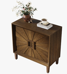 NOUVEAU Meuble d'appoint en noyer style Rétro Mid-Century Modern, avec porte sculptée géométrique effet rayon de soleil, servant de buffet de rangement, table de chevet ou console en bois nordique - Product Image 5