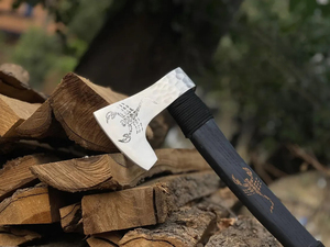 Handmade Carbon Steel Wood Carving <b>Axe</b>, Scorpion Engraved Beech <b>Handle</b>, Leather Sheath - Product Image 5