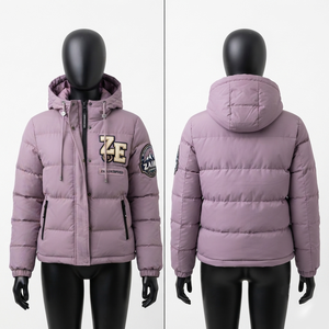 Women Puffer <b>Jacket</b> Premium 110 GSM Polyester Pongee Hooded Quilted Winter Coat Custom Chenille Embroidery Patch Woven Label - Product Image 1
