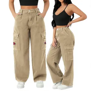 Großhandel Damen Baggy Cargo-Hose lockere Hosen mit Seitentaschen hochwertige individuelle Jeans