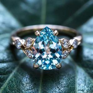 Anillo de Topacio Azul Corte Pera, Plata de Ley 925, Chapado en Oro, Joyería de Lujo, Gema para Mujer, Regalo de Boda y Aniversario para Ella - Product Image 4