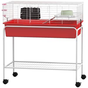 Piccola gabbia per animali a due piani 33 \ "X 18.5 \" X 35 \ "rimovibile dal supporto con Habitat per animali domestici con finitura rossa con ripiano e ruote - Product Image 1
