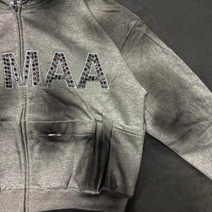 Sweat à capuche streetwear pour homme en molleton de coton épais, délavé à l'acide, effet vieilli vintage, avec strass et logo personnalisé - Product Image 5
