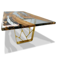 Table à manger moderne en bois massif et résine époxy, pieds en métal doré, rectangulaire, faite à la main, mobilier de salle à manger 6 places, atelier d'assemblage