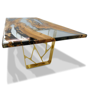 Table à manger moderne en bois massif et résine époxy, pieds en métal doré, rectangulaire, faite à la main, mobilier de maison, 6 places, à assembler - Product Image 2