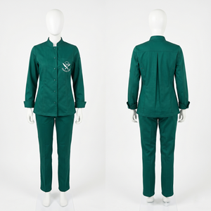 Uniforme de chef pour femme, 240 GSM, polycoton, bleu royal, avec passepoil contrastant, design à panneaux sur mesure, broderie personnalisée, logo tissé - Product Image 4