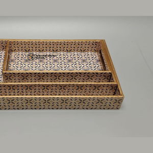 ชุดถาดเสิร์ฟลายดีไซน์เนอร์ ทำจาก MDF เคลือบเงาอย่างดี ลายพิมพ์สีเทาและทอง  แบบซ้อนเก็บได้ - Product Image 4