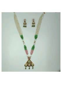 Elegant Silver Beaded <b>Necklace</b> <b>Set</b> with Green Pink <b>Pearls</b> Traditional Pendant and Matching Earrings for Wedding Festive Wear - Product Image 3