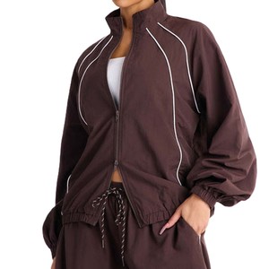 Private Label OEM Contrast Piping Windbreaker Set High Quality Lightweight Nylon <b>Jacket</b> and Wide Leg Jogger Pant USA - Product Image 3