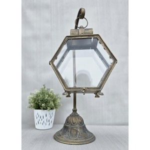 Hexagon <b>Brass</b> <b>Lantern</b> with Glass Panels and Decorative Base for Home Decoration Durable Finish - Product Image 3