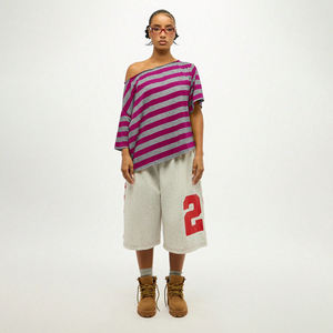 T-shirt tricoté décontracté à manches courtes et épaules dénudées pour femme 2026 – Coupe ample, écologique, respirant, avec logo, rayé, idéal pour l'été - Product Image 4