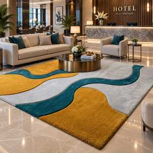 Modern Abstract Wave Hand Tufted Cut Pile Wool Area <b>Rug</b>-<b>Large</b> Non-Slip Latex Backing Mustard Yellow & Teal <b>Grey</b> for Hallway - Product Image 4