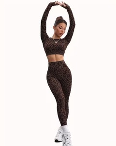 Seamless Two Piece Fitness Outfit Jacquard Animal Print Thumbhole <b>Top</b> with Ruched Booty Lifting <b>Compression</b> Workout Tights - Product Image 1