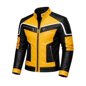 Custom Men’s Yellow Black Genuine Cowhide <b>Leather</b> <b>Biker</b> <b>Jacket</b> With Quilted Shoulders And Zip Pockets - Product Image 1
