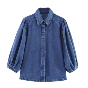 Blusa Casual de Mezclilla para Mujer, Estilo Gótico Vintage, Manga Larga, Cuello Camisero con Botones, Color Azul, para Verano y Otoño - Product Image 1