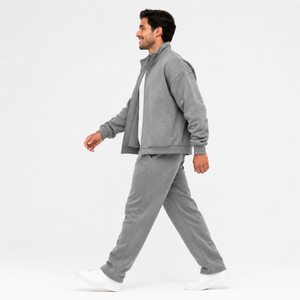 Men's Gray Fleece Tracksuit Full <b>Zip</b> Jacket and Pants Set Casual Solid Color Breathable Regular Fit Autumn Wear - Product Image 2