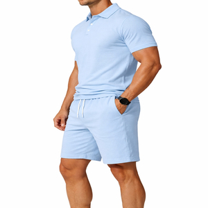 New Arrival 100% Cotton Breathable <b>Knitted</b> Solid Men's Summer Street Style Suits Two Piece Golf Polo Shirts and Shorts <b>Set</b> - Product Image 3